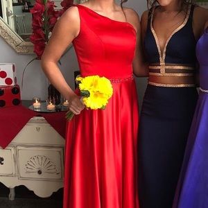 Red one-shoulder Ellie Wilde prom dress